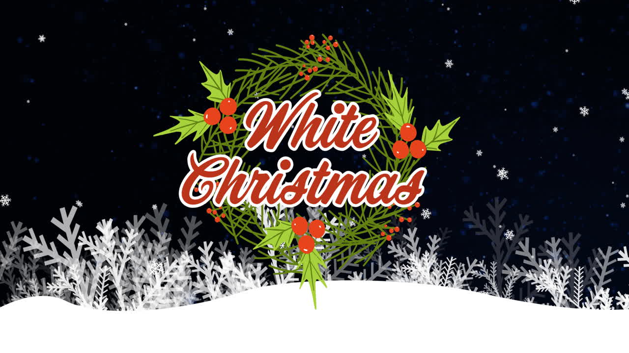 animación de felicitaciones de navidad texto sobre la caída de nieve y decoraciones de coronas de navidad