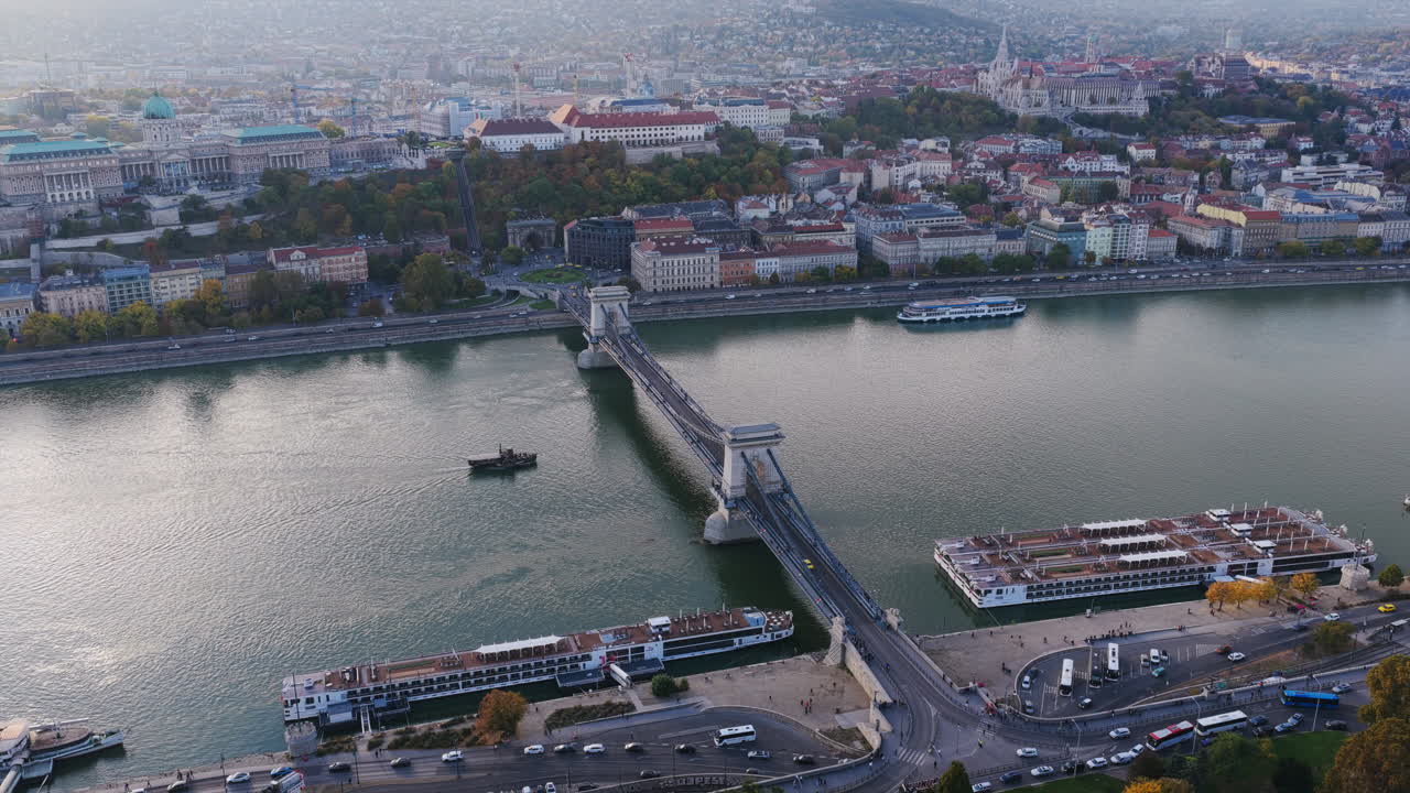 Aerial view of Budapest’s Chain Bridge spanning the Danube, linking Buda and Pest with hills in the background