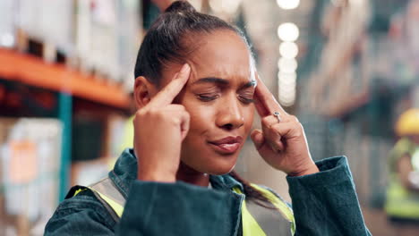 stressed female warehouse worker with headache