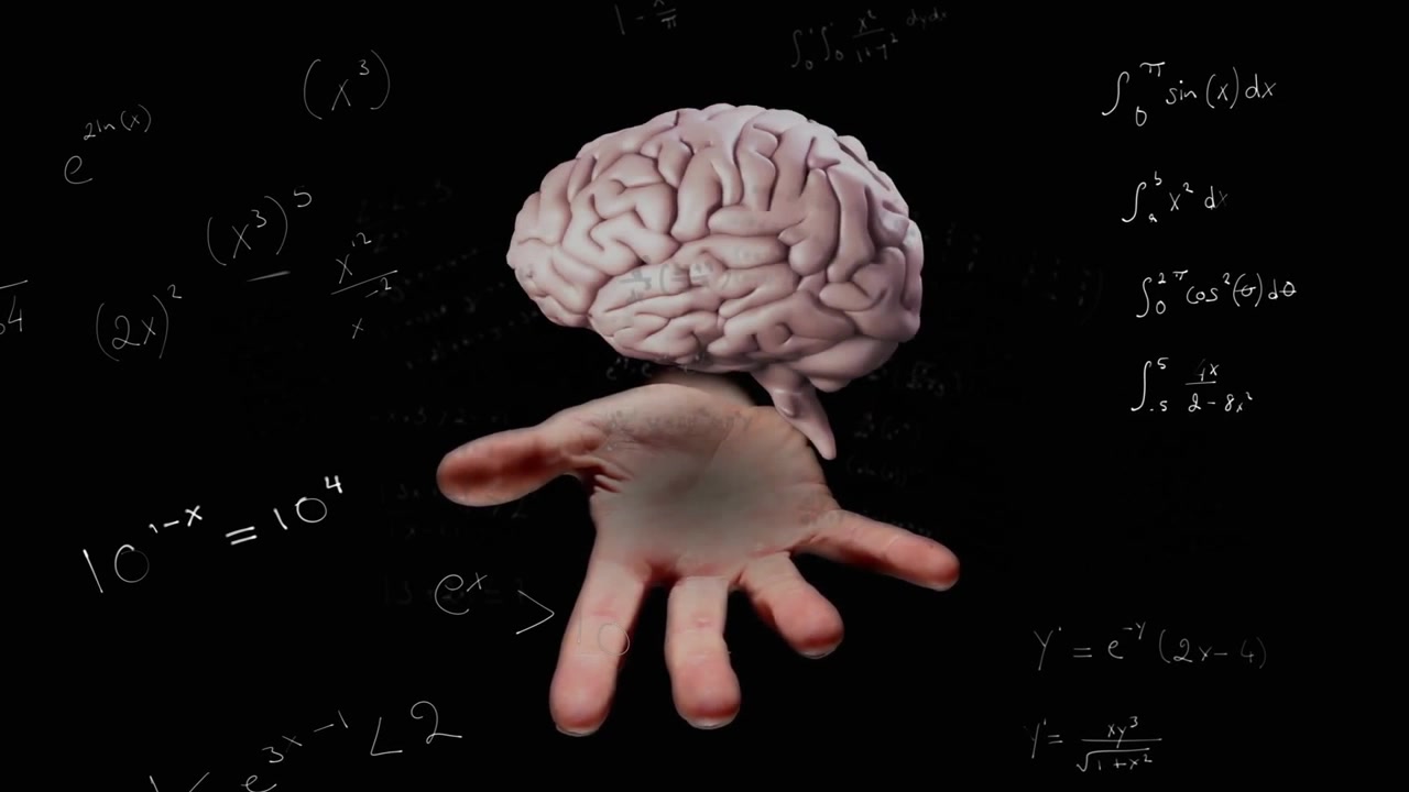Human Hand Holding Floating 3D Brain Model with Mathematical Equations