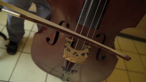 close up of a contrabass cello bass and a man wearing black sandals holding a stick to make the sound baroque era classical royal sounds played inside kingdom palace for important people man standing