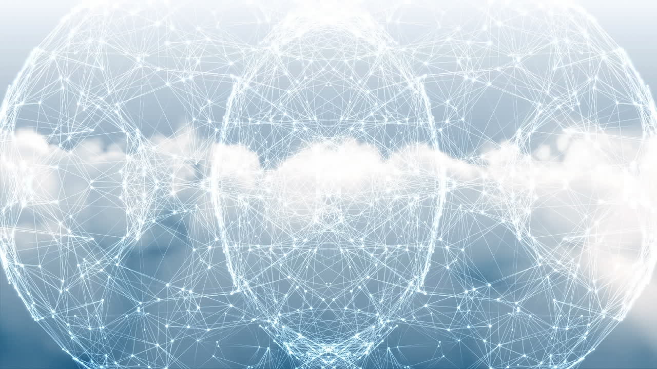 Animation of gradient abstract shape over globe of network of connections against clouds in the sky