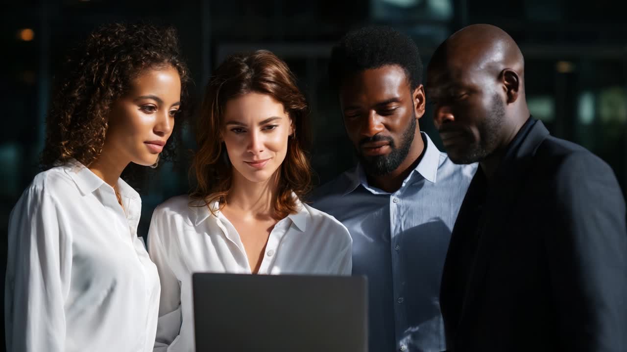 A Diverse Group of Professionals Collaborating Around a Laptop, Engaging in Discussion and Analyzing Data in a Modern Office Environment, Showcasing Teamwork, Innovation, and Digital Interaction