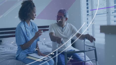 animation of scope scanning over diverse doctor and patient talking and holding medicine