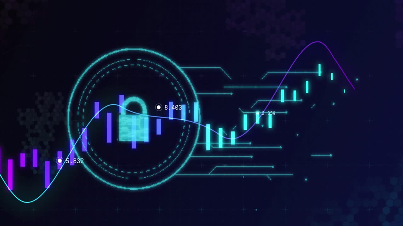 animación de la línea con procesamiento de datos financieros a través del parpadeo del candado de seguridad en línea