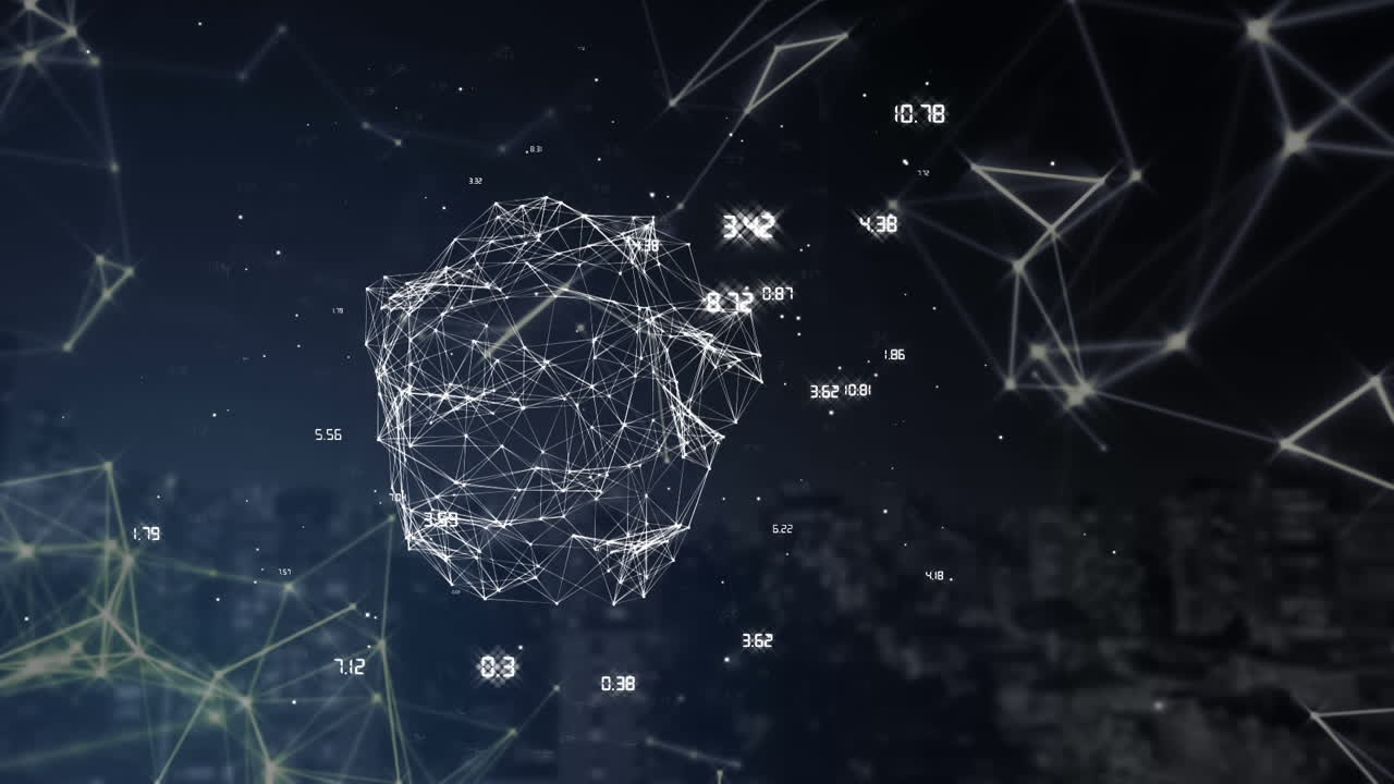 Digital globe animation showcases global networking over a cityscape.