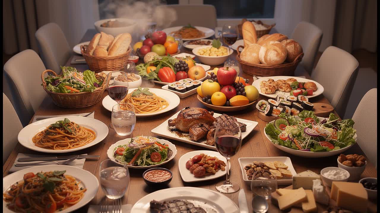 Full table of assorted dishes including pasta steak sushi salads bread and wine arranged for dinner gathering