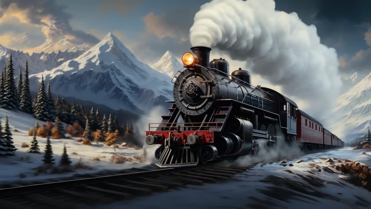 Dramatic low-angle shot of a vintage steam train chugging through snowy mountains