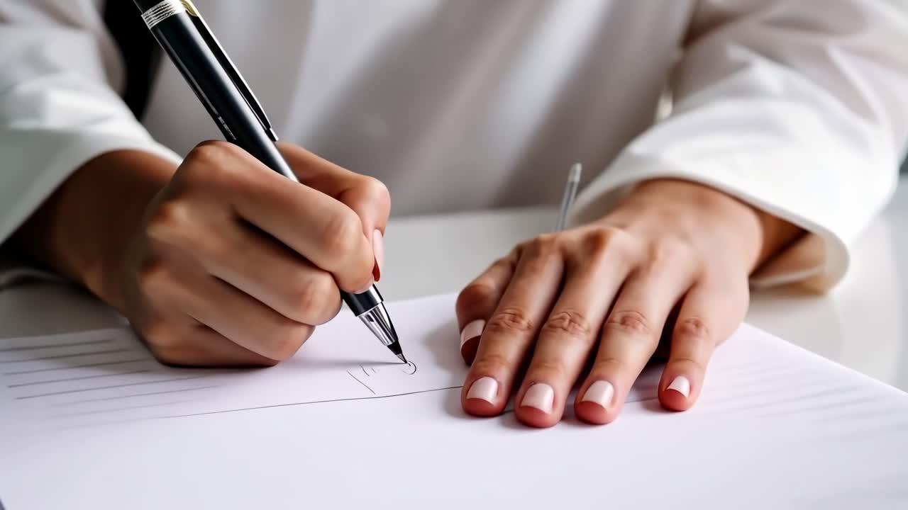Inquadratura video ravvicinata di mani che scrivono su carta, mostrando un concetto professionale e focalizzato