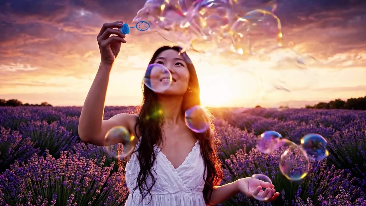Un momento sereno en un campo de lavanda al atardecer con burbujas, capturando la belleza de la naturaleza y la tranquilidad en una atmósfera crepuscular colorida.