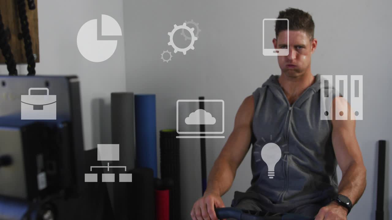 Man sitting on rowing machine doing strokes pulling handle UI icons over scene showing fitness data