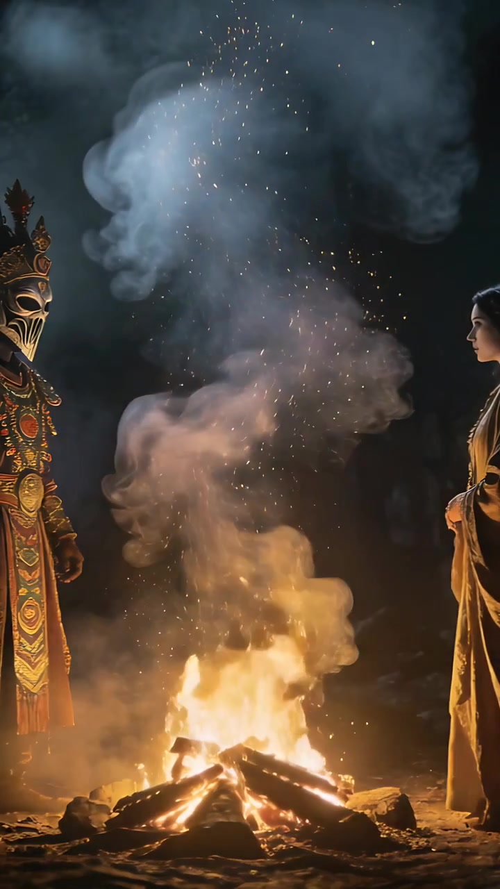 Vídeo vertical: Acendendo fogo, dupla mascarada e vestida de frente para o fogo para um ritual à noite, faíscas subindo.
