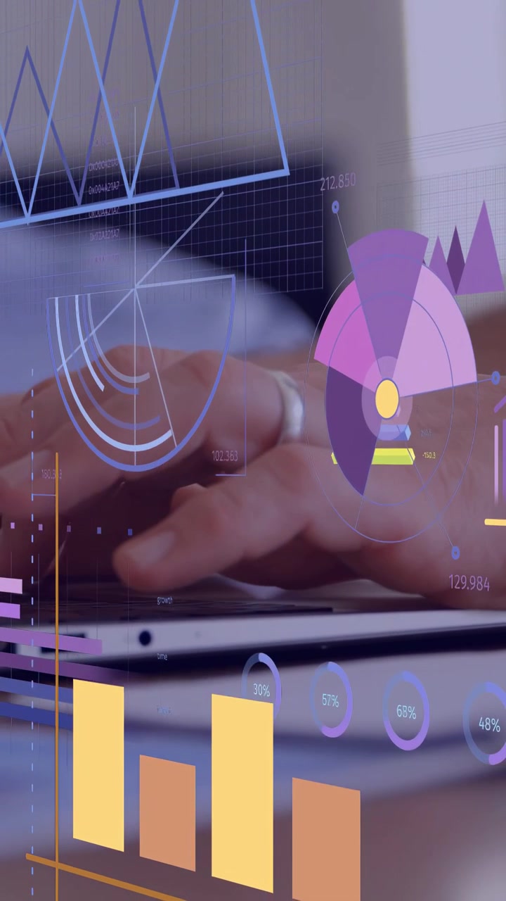 Vertical video: Hands starting to type on laptop, business graphs overlaying keys updating metrics