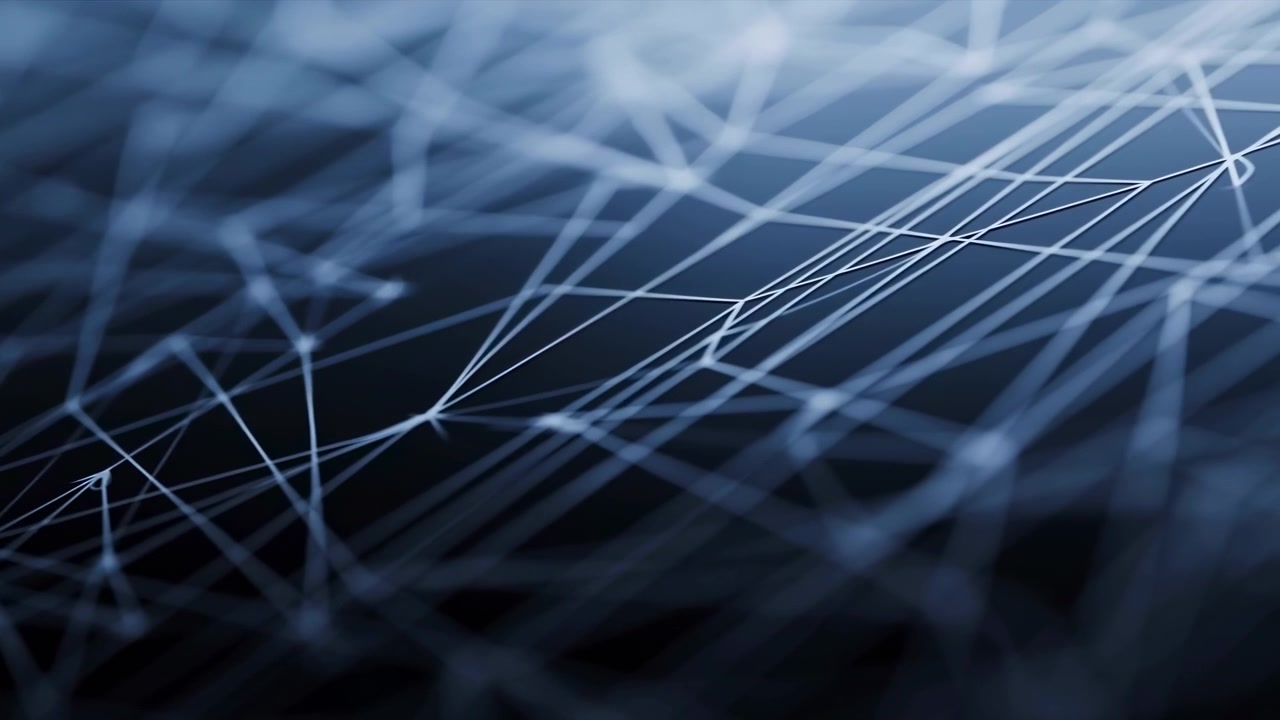 Thin luminous lines form an angular mesh that moves steadily through frame, while overlapping segments transition between sharp focus and diffuse blue blur over deep shadowed tones.