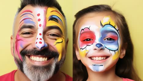 father and daughter smiling while showcasing their colorful face painting against a cheerful yellow background, capturing joyful moments of creativity and togetherness
