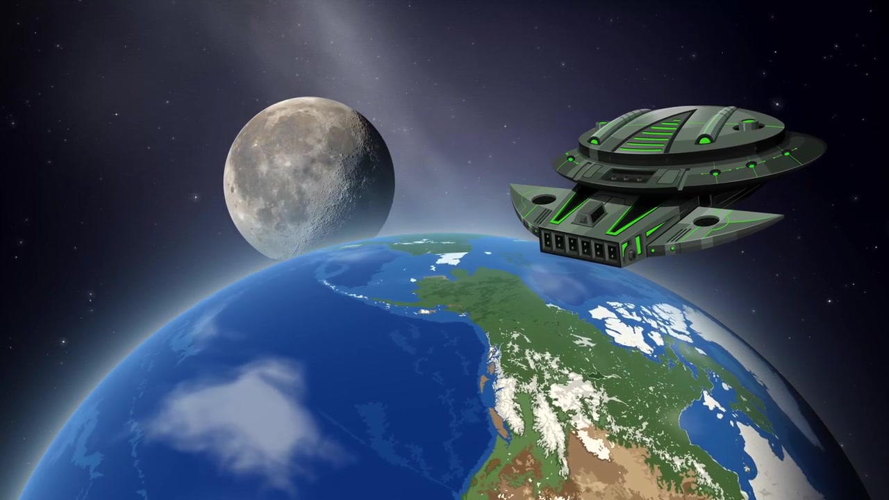 Astronave verde animata fluttua sopra un globo terrestre rotante su uno sfondo spaziale stellato con la luna.
