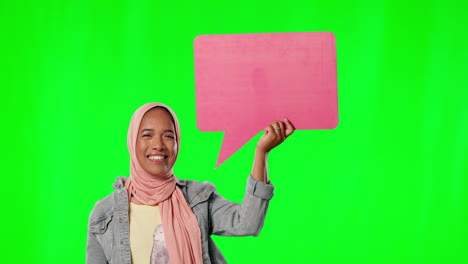 muslim, woman and paper sign by green screen