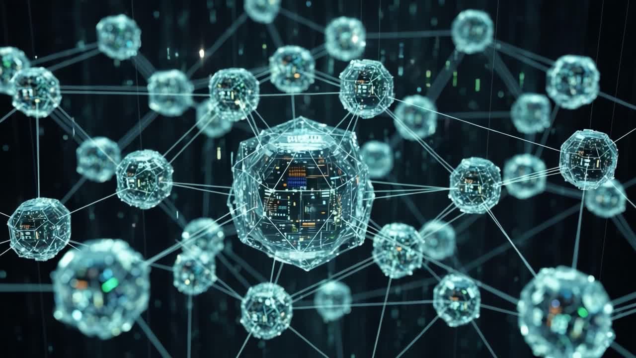 A Captivating Exploration of Advanced Digital Networks Showcasing Interconnected 3D Geometric Structures and Data Systems in an Abstract Representation