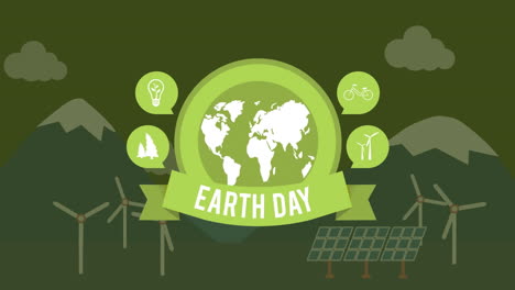 Animación-Del-Día-De-La-Tierra-Y-El-Globo-Sobre-Turbinas-Eólicas-En-Las-Montañas-Sobre-Fondo-Verde