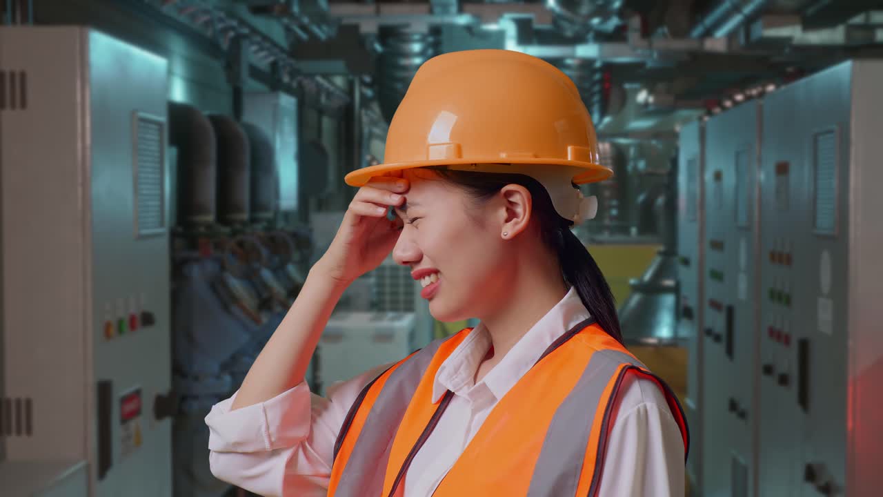 Stressed Female Engineer in a Factory