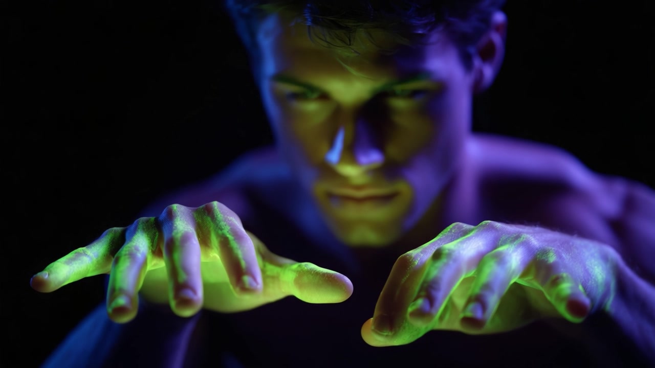 Una mistica dimostrazione di potere: un uomo con mani luminose che proietta energia in un ambiente oscurato, emanando un'aura di mistero e intrigo