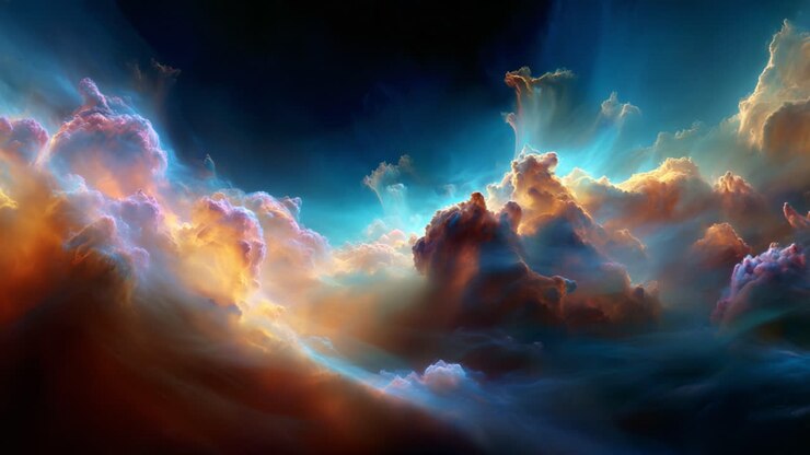 Una vista mozzafiato di nuvole vorticose e colorate, illuminate da una luce intensa, che creano una scena celestiale ipnotica che evoca un senso di meraviglia ed esplorazione nella vasta distesa