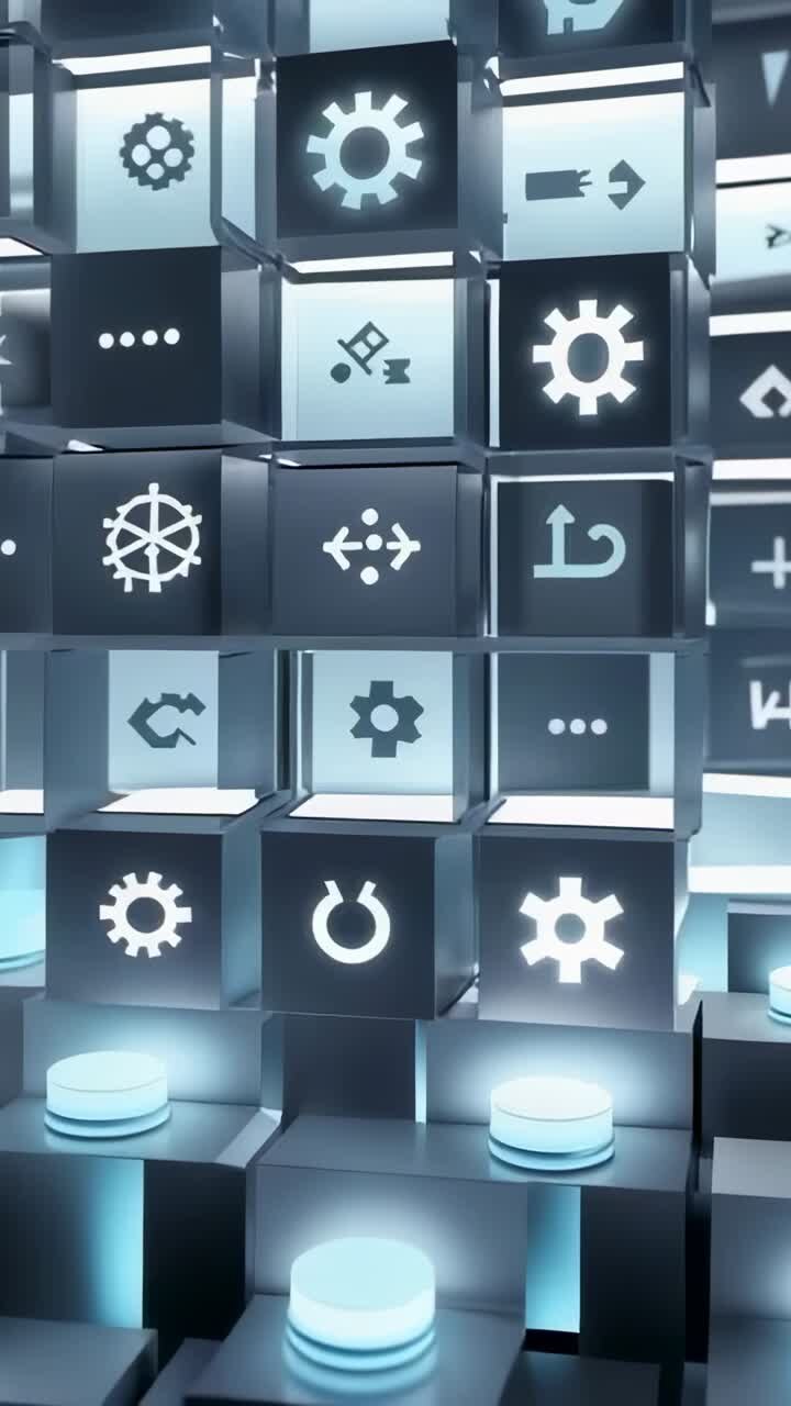 Vertikal video: Panorering af kamera, der afslører mere af kubegitter i et mørkt rum, med interface-ikoner