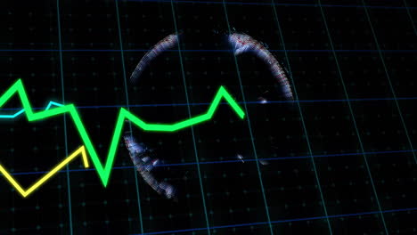 animación de gráfico de línea verde sobre globo giratorio en fondo de cuadrícula oscura