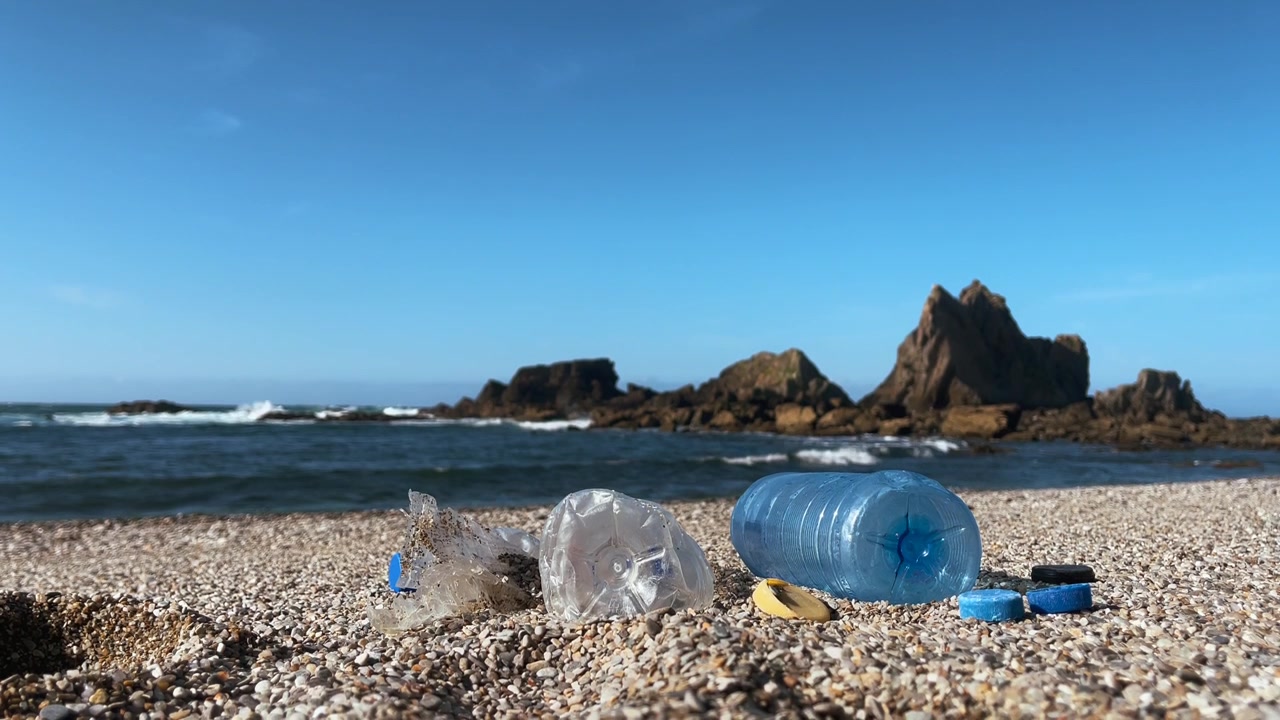 Inquinamento da plastica su una spiaggia rocciosa con vista sull'oceano.