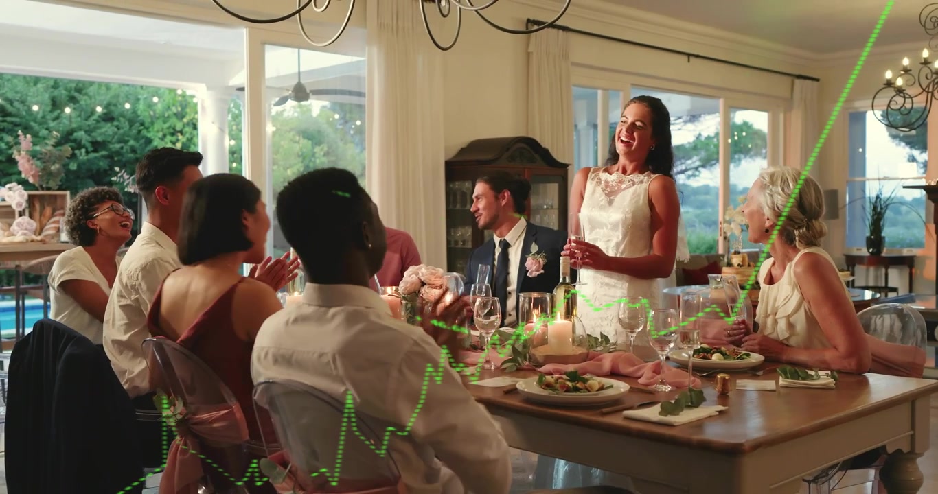 Bride rising raising champagne flute at wedding dinner animating confetti around guests for toast