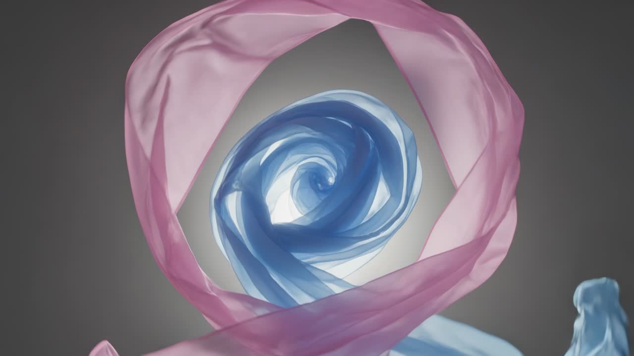 Danner en central blå spiral, der initierer et lyserødt bånd, der kredser mod en grå studiebaggrund, glødende