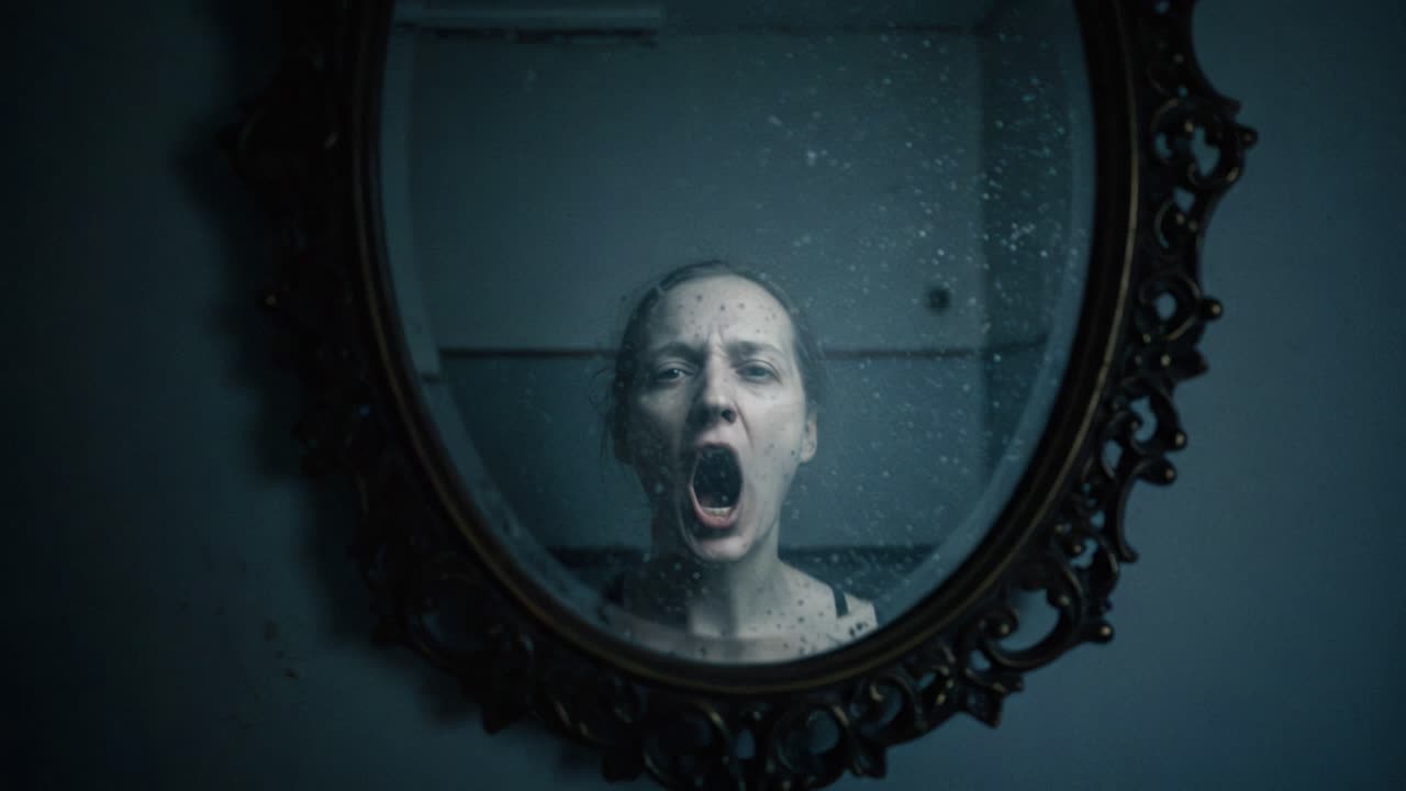 A Haunting Reflection: Capturing the Intensity of Emotion in a Shattered Mirror Moment, Where Dread and Raw Expression Converge in a Dark, Atmospheric Scene
