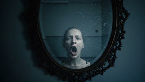 a haunting reflection: capturing the intensity of emotion in a shattered mirror moment, where dread and raw expression converge in a dark, atmospheric scene