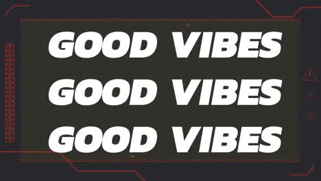 animation of good vibes in white and colourful text with red lines on black background