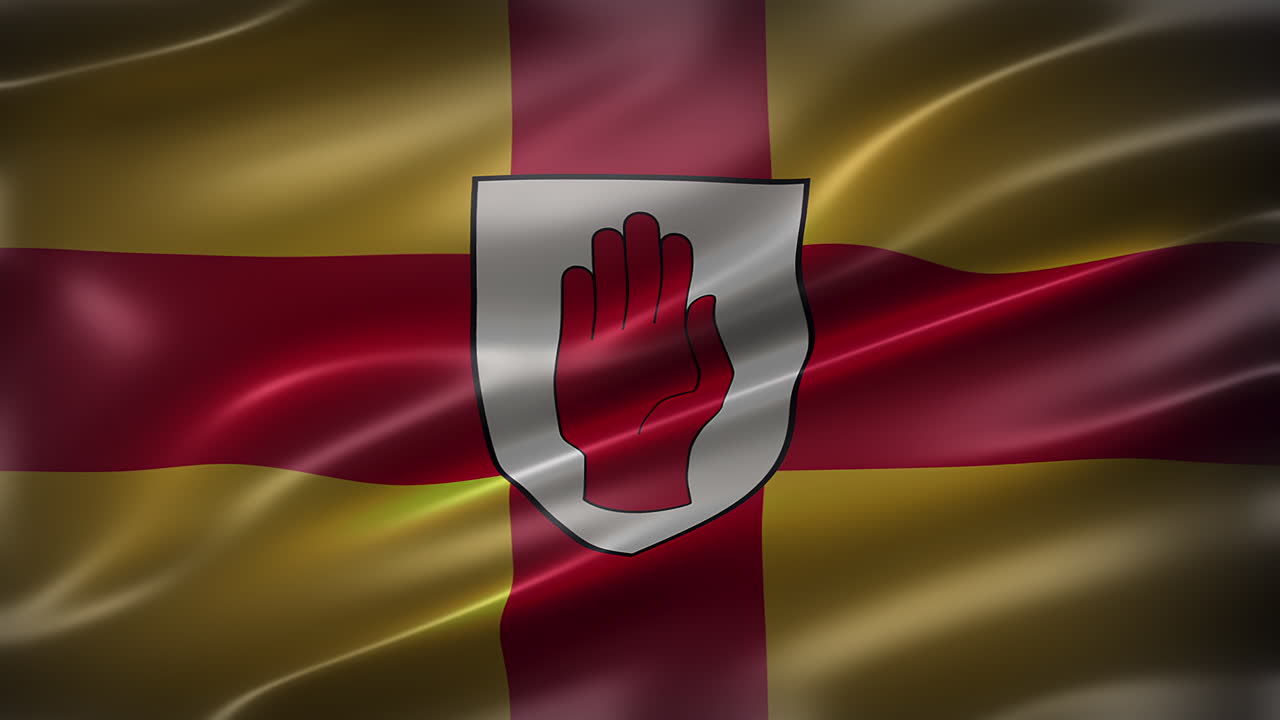 el estandarte del ulster, bandera de irlanda del norte, cuadro completo, vista frontal, brillante, revoloteante, elegante textura sedosa, ondeando en el viento, animación realista de 4k cg, aspecto cinematográfico, con capacidad de bucle sin costuras