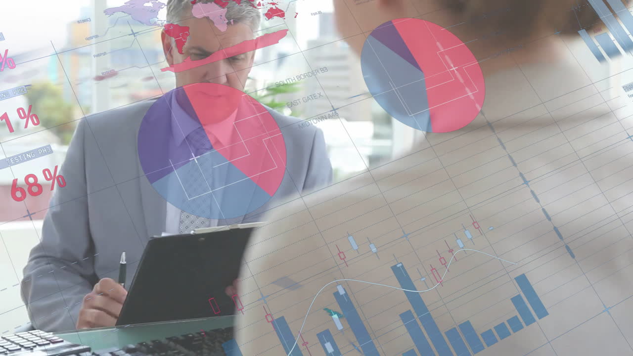 Discussing data with charts and graphs, business professionals in office meeting