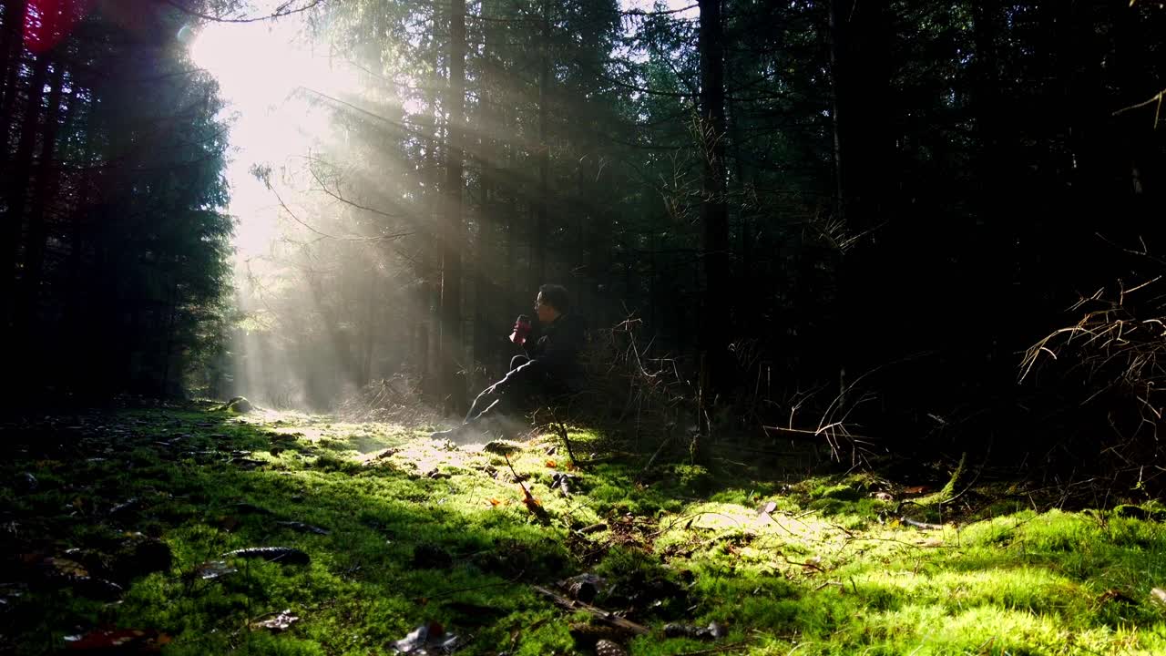 조명 된 봄 숲 에 앉아 있는 사람