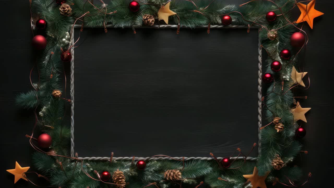 Top-down view of a festive Christmas frame with lights, pinecones, and ornaments, perfect