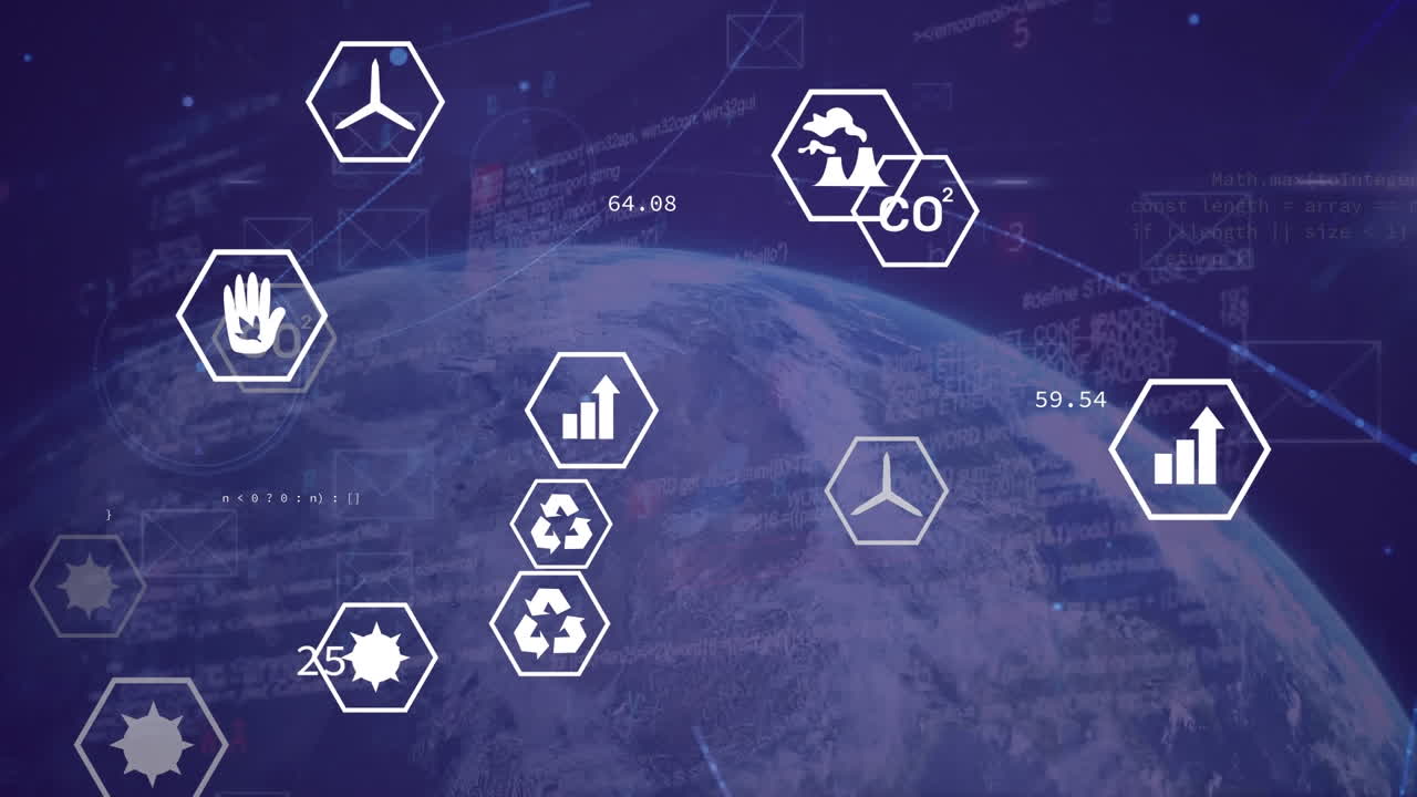 Animation of eco icons and data processing over globe