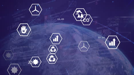 animación de iconos ecológicos y procesamiento de datos en todo el mundo