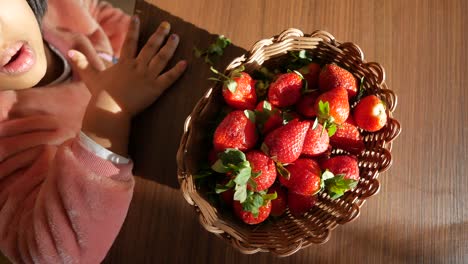 toddler girl eating fresh strawberries from a basket