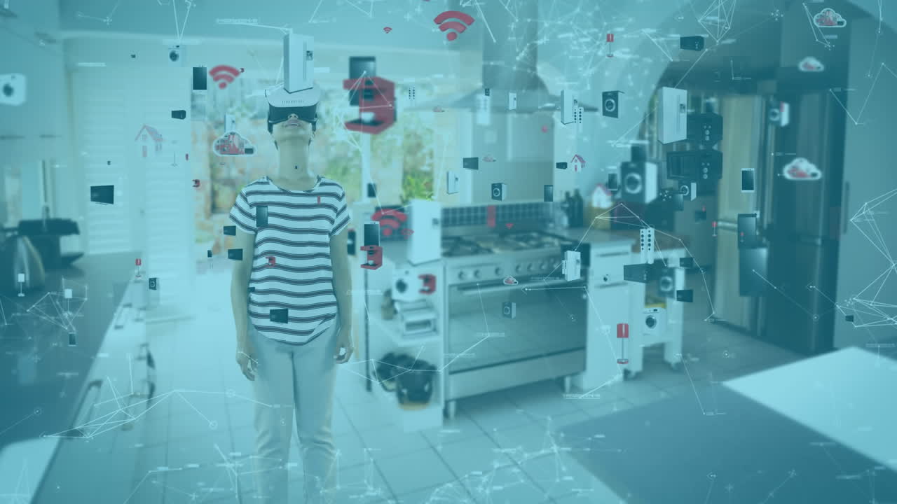 떠다니는 국내 아이콘 위에 vr 헤드 ⁇ 을 착용한 백인 여성의 애니메이션