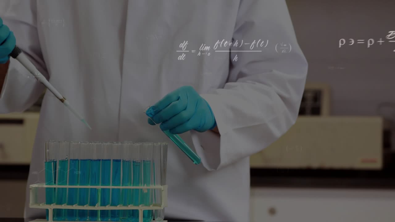 Lab researcher placing pipette holding tube and pipetting blue for analysis with overlaid formulas