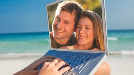 Woman-using-laptop-with-couple-romancing-4k