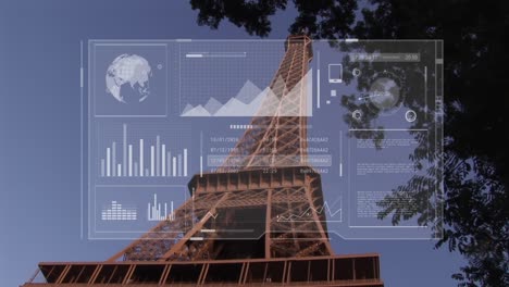 Animación-Del-Globo,-Gráficos,-Radar-Y-Datos-Sobre-Una-Vista-De-ángulo-Bajo-De-La-Torre-Eiffel-Contra-El-Cielo