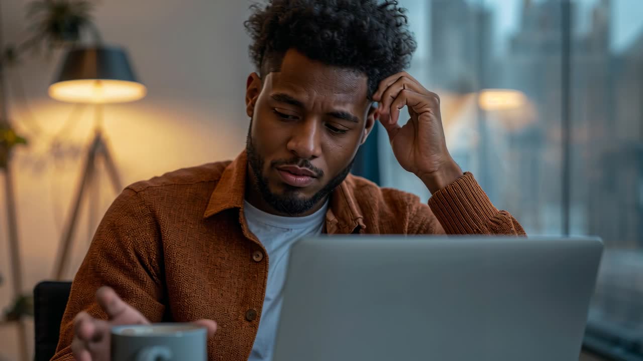Office worker frowning at laptop, touching hair, rubbing forehead, reaching mug, seeking focus