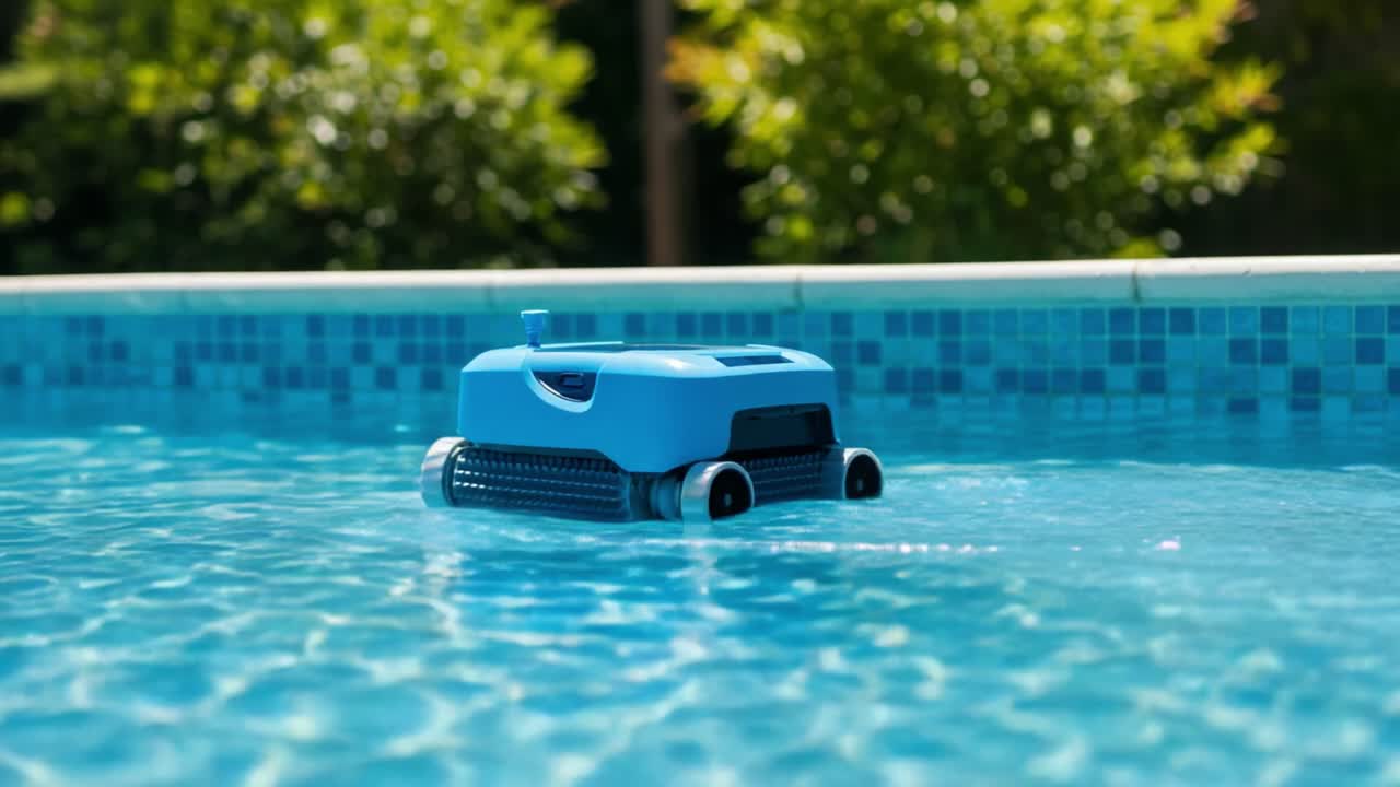 Advanced Pool Cleaner Operates Smoothly in Crystal Clear Water, Demonstrating Efficiency and Innovation in Automated Maintenance Solutions for Backyard Pools