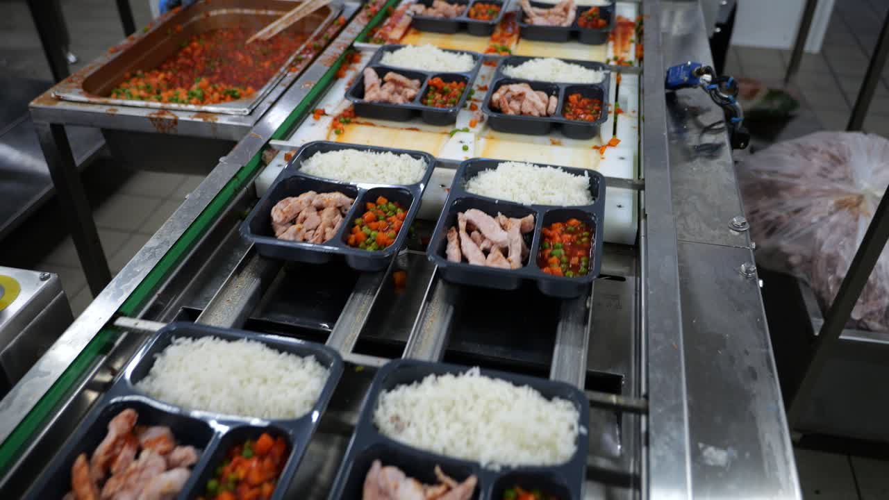 comidas preparadas en envases de plástico en cintas transportadoras en cocinas profesionales