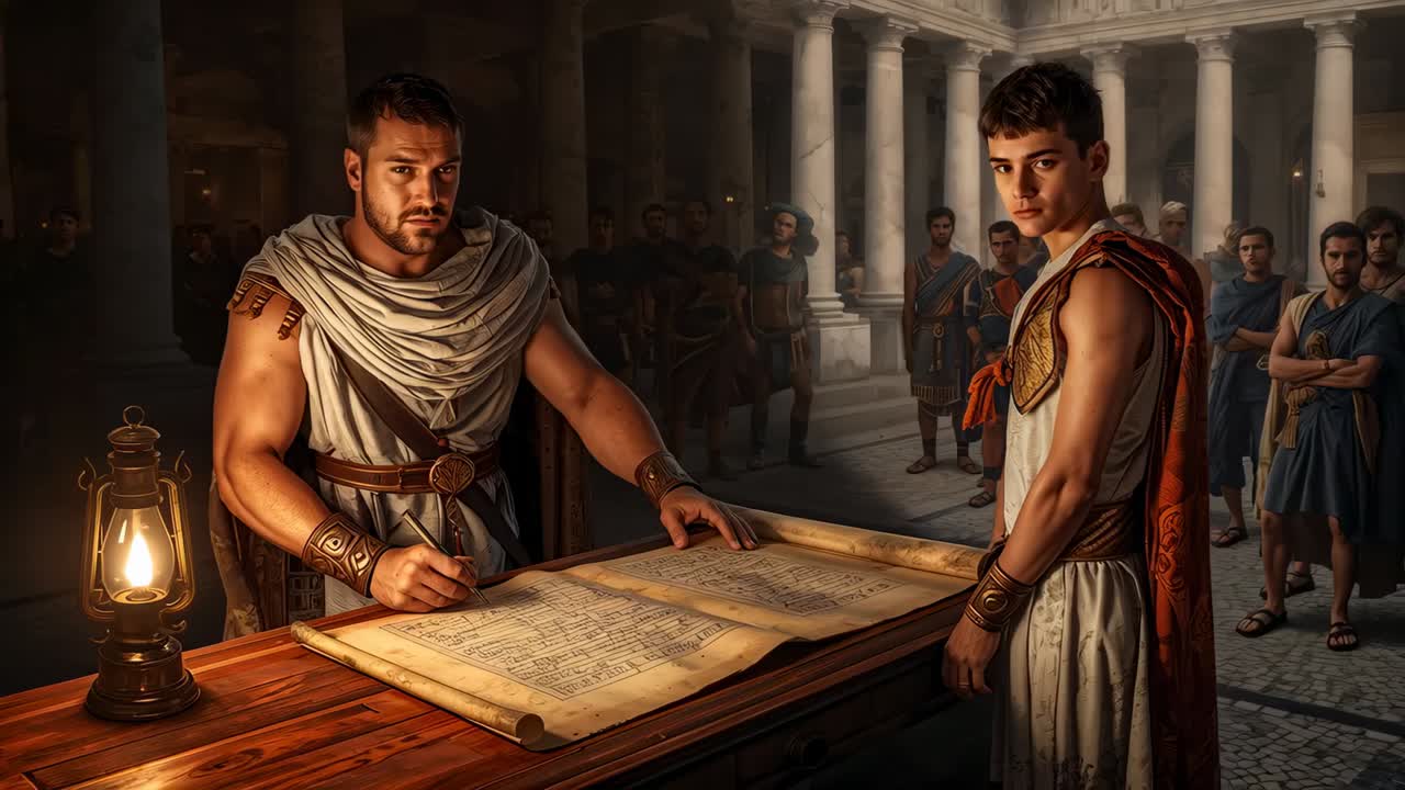 Studying ledger, scribe using stylus at lamp in columned hall, youth in red cloak watching soldiers