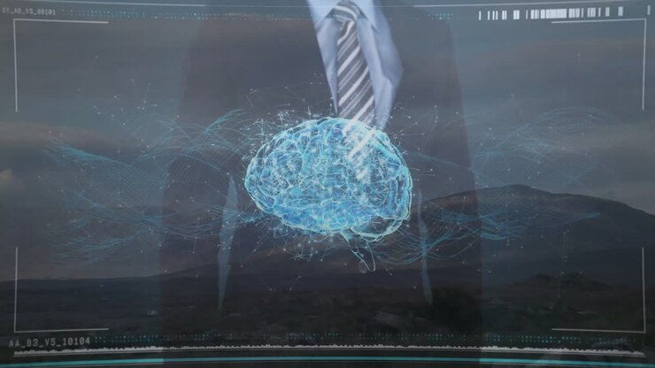 Digital brain animation over businessperson in suit with landscape background